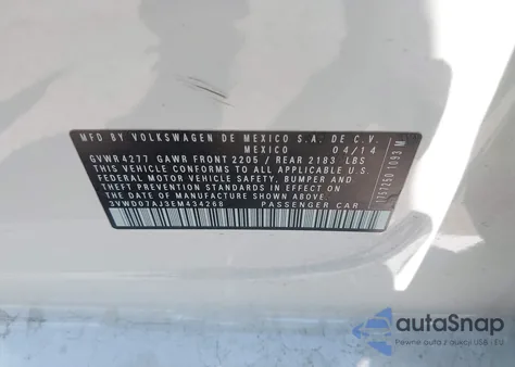 2014 Volkswagen Jetta 1.8T Se z USA, uszkodzony, nr VIN 3VWD07AJ3EM434268